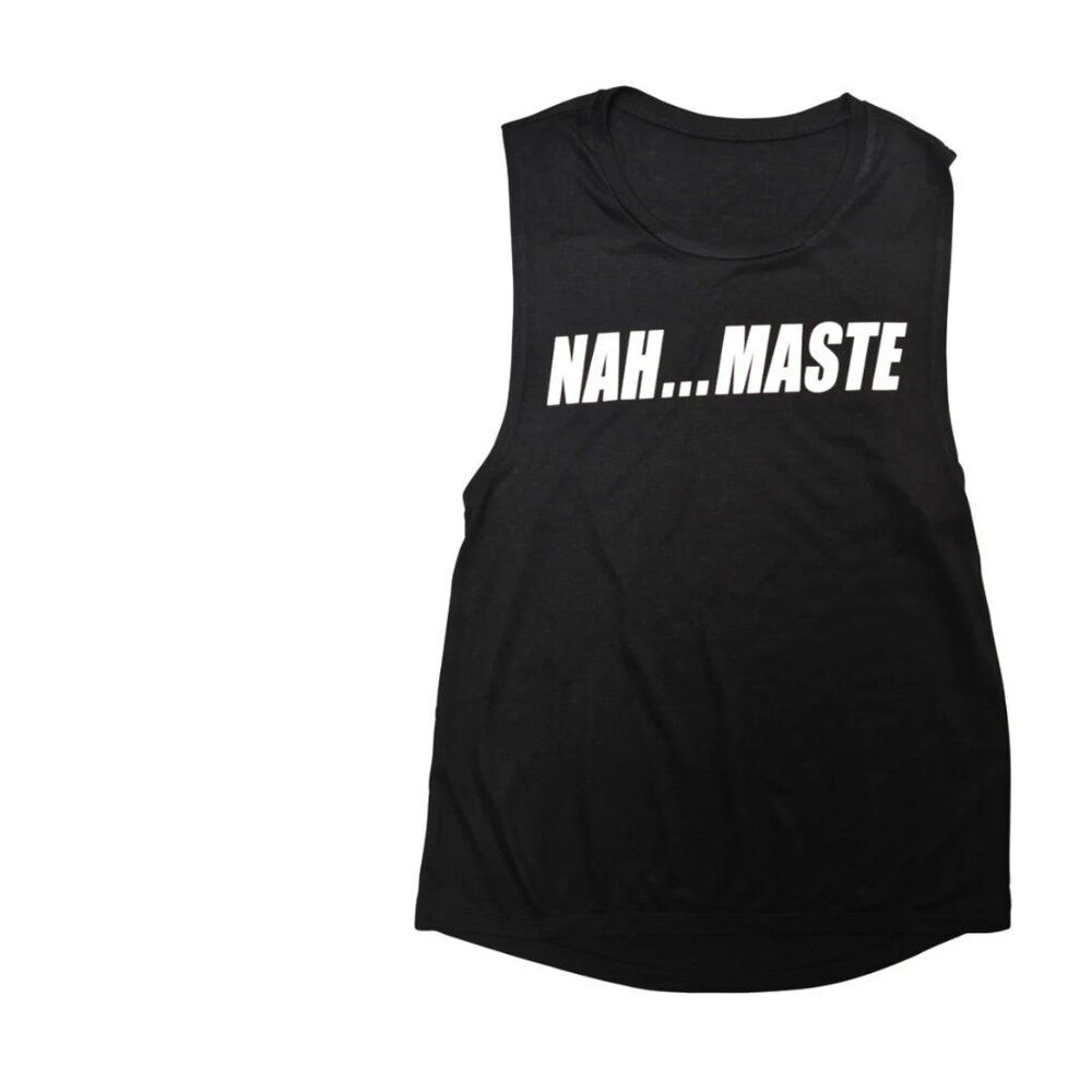 NWT Private S Party Graphic Yoga Nah Maste Namaste Muscle Long Tank Funny Black